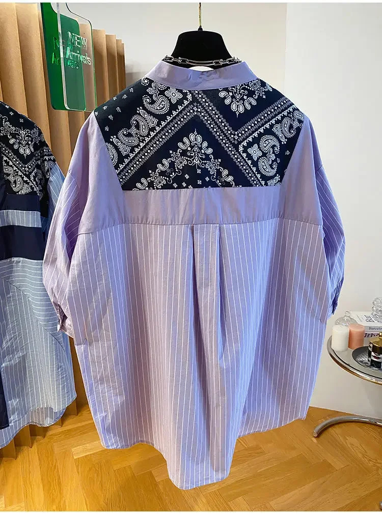 Striped short-sleeved shirt female summer and autumn stitching printed cotton and linen retro plus size loose top 250402