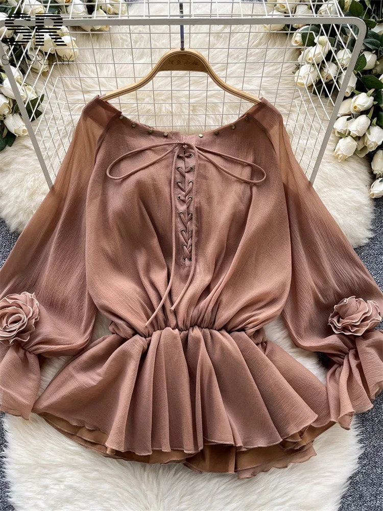 Singreiny Sweet Casual Chiffon Shirt Womens Summer Sparkling Sleeve Shoulder Lace Top Womens Ruffle Vacation Shirt 250402