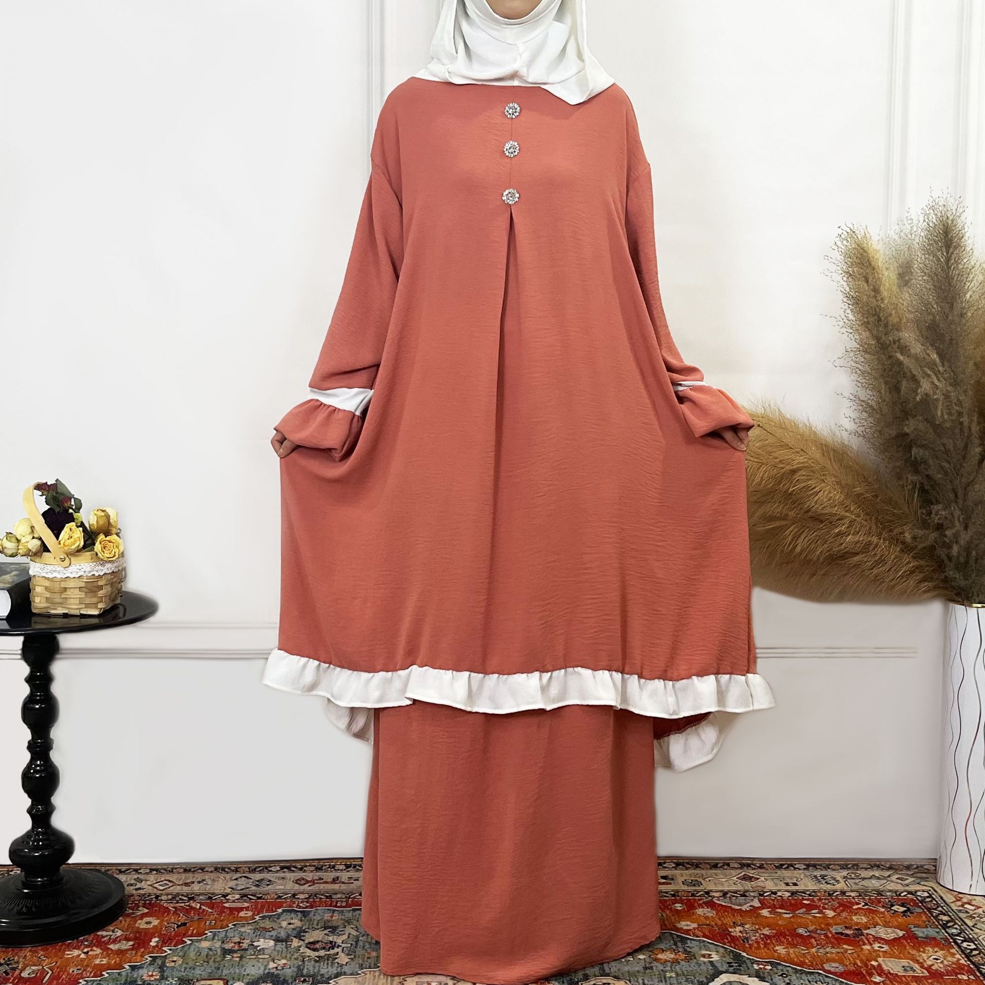 Fashion Muslims Women's Prayer Solid Color Ruffle Robe Two Piece Set Abaya Maxi Dresses Islamic Clothing