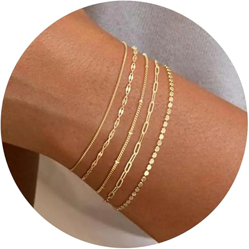 14K Gold Plated Bracelet Set for Women Dainty Stackable Paperclip Beaded Chains Trendy Waterproof Gift 251104