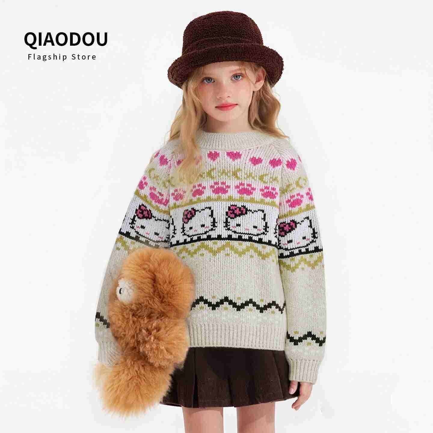 Sanrio Girls Sweater Autumn Winter 2025 New Stylish Childrens Winter Thickened Warm KT Cat Knitted Base Shirt H251105