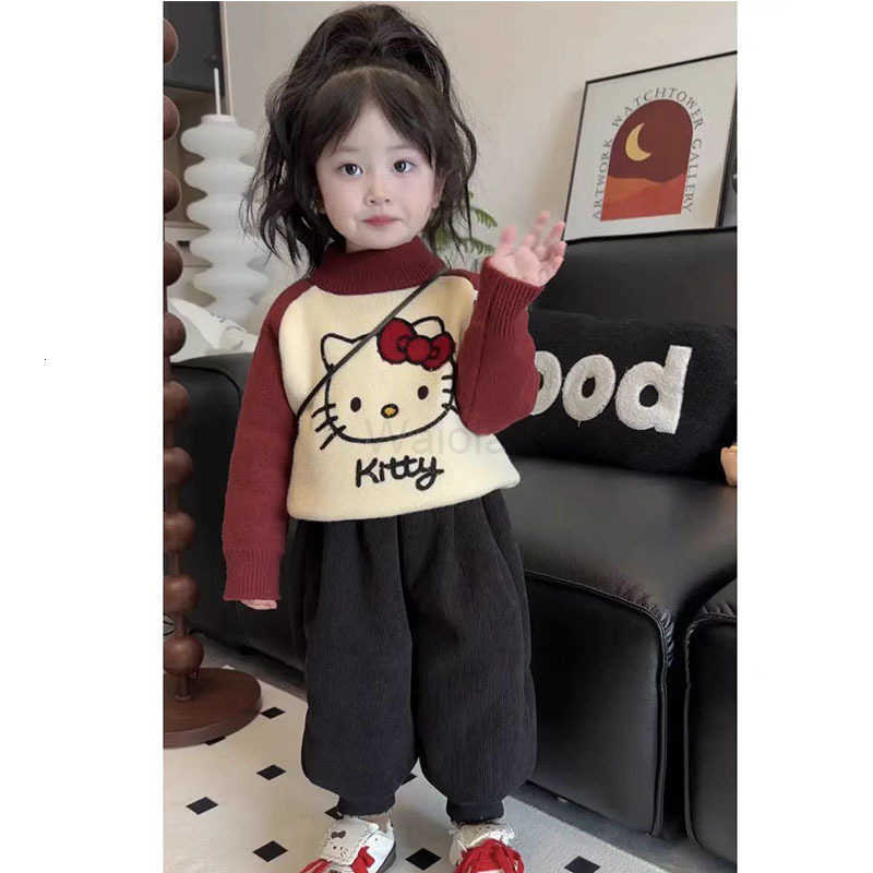 Sanrio Sweet Style Little Girl Color Block Cartoon Hello Kitty Thickened Sweater Autumn Winter New High Neck Warm Knitted Sweater for Girls H251105