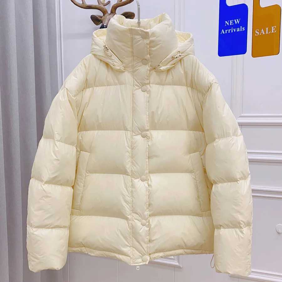 Schinteon Women White Duck Down Jacket with Removable Hood Warm Autumn Winter Outwear Simple Solid Color Casual Over Size CoatT251105