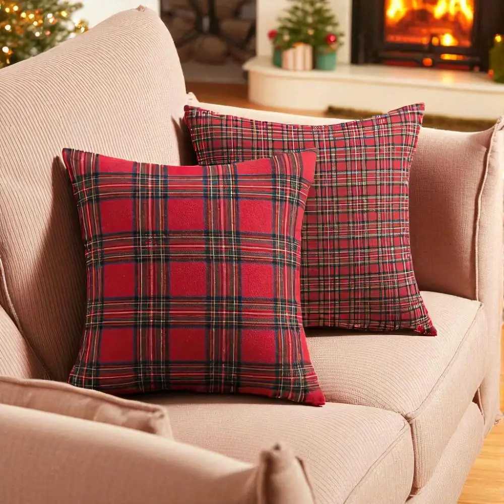 1pc Autumn Christmas Plaid Pillow Covers Red Checkered Print Decor Ideal Festive Gift for Home Sofa Christmas-Themed Decor Y251105