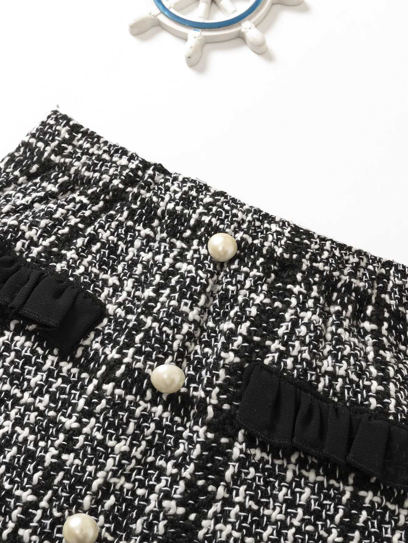 Fashionable plaid suit for girls - classic black and white color matching elegant lace collar jacket and A-line skirt Y251105