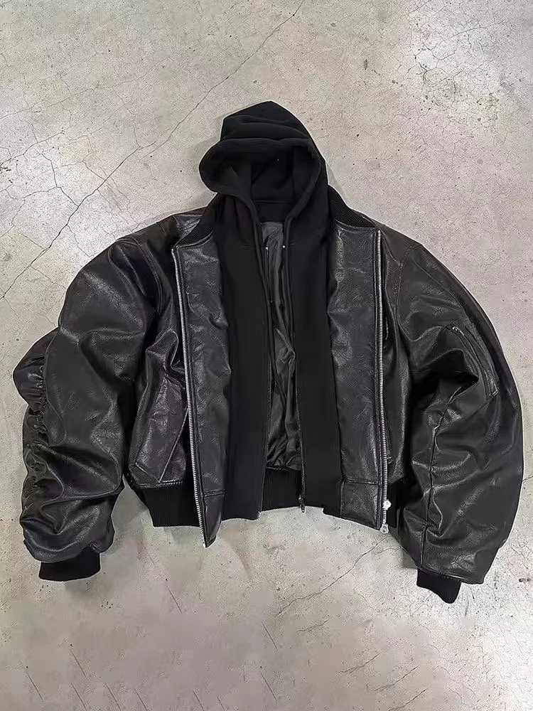 2025 New Y2k Autumn Winter Oversized Cool Black Thickened Warm Pu Leather Bomber Jacket Men Hood Luxury Designer Fake 2 Clothes C251105