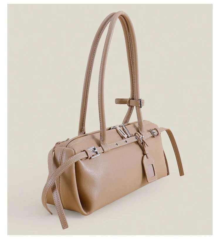 Strict Select High Quality Cow Leather Horizontal Bowg Tote Niche All-Purpose Leisure Kakhi Color Women Long Handle Handbag