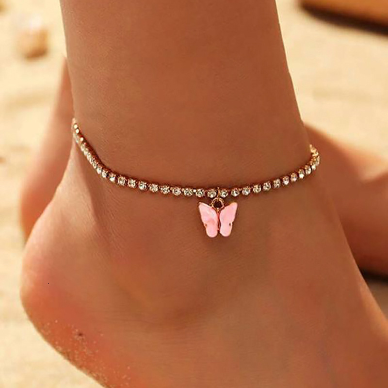 New Creative Shiny Rhinestone Anklet Ins Style Simple Butterfly Pendant Women Trendy Beach Foot Jewelry