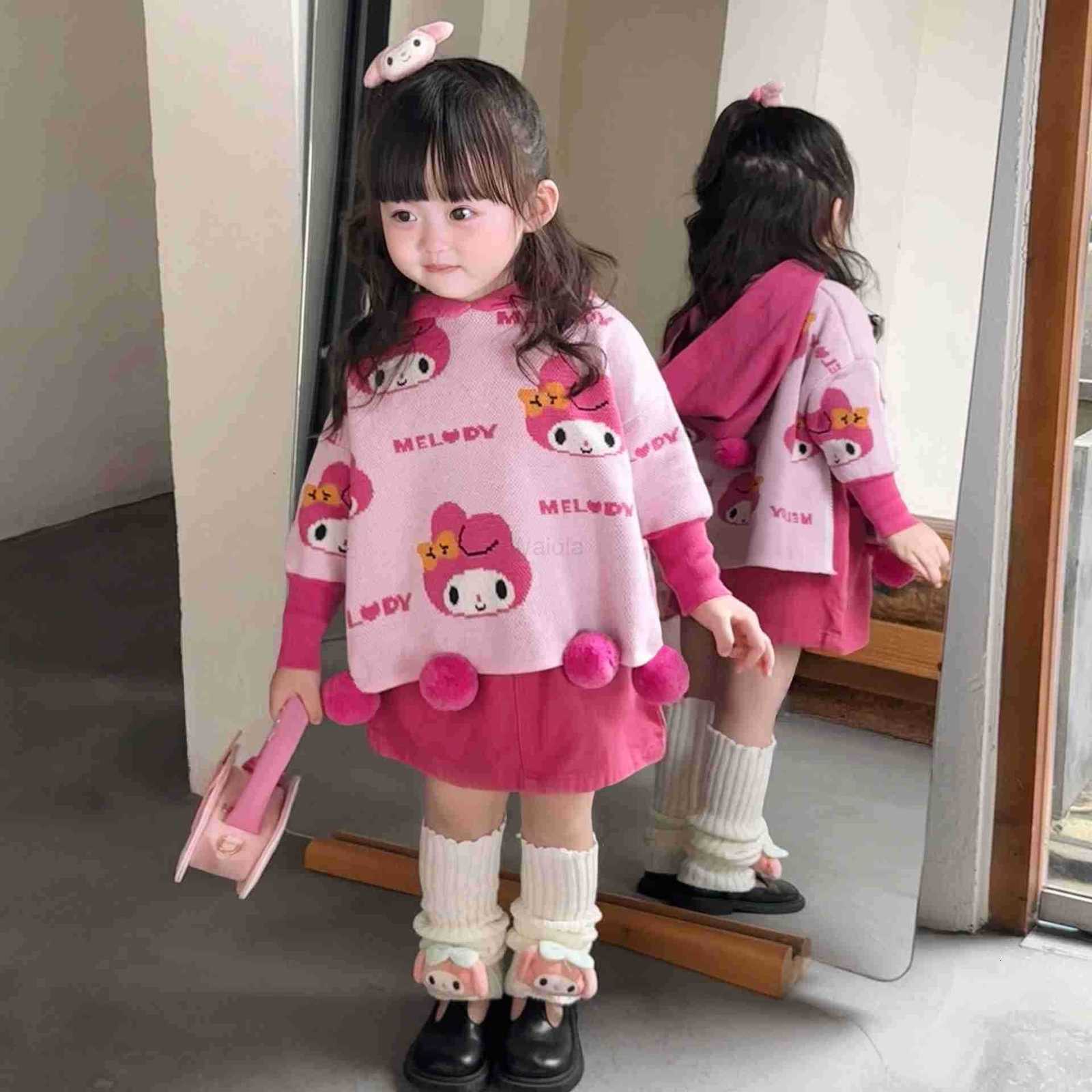 Sanrio Kuromi My Melody 2025 Autumn Winter Girls Knitted Cape Stylish Hooded Childrens Cartoon Cute Sweater Top H251105