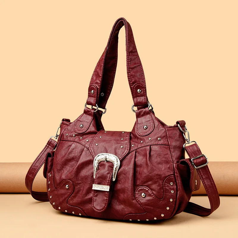 2025 Vintage Punk Shoulder Bags For Women Fashionable River Crossbody Bags Large Capacity Leather Tote Bags For Travel Daily 251031