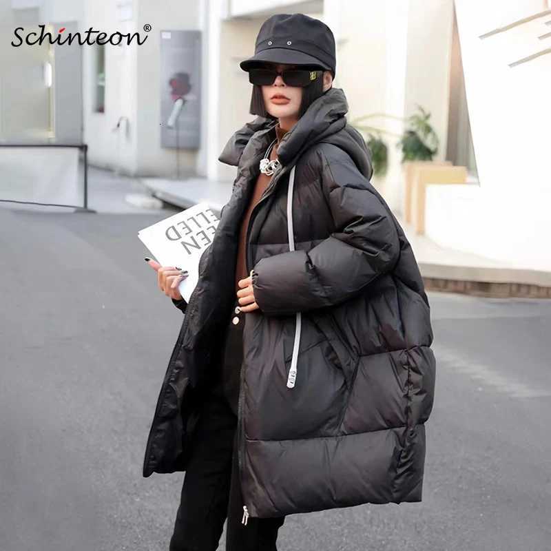 Schinteon Women Down Jacket Casual Loose Over Size Autumn Winter Thick Warm Outwear with Hood White Duck Down Long Coat 2024 NewT251105