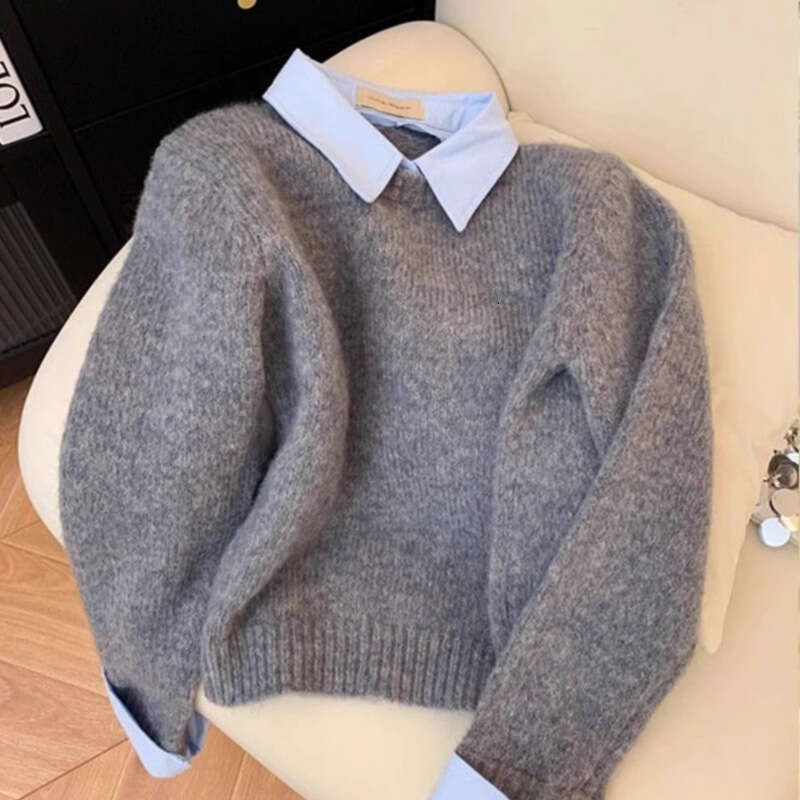 Fake Two-Piece Shirt Collar Sweater For Women, New Autumn Lazy Style, Color-Block Turn-Down Collar, Gray Knitted Top B5