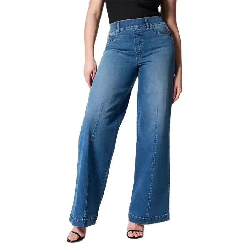 Fashionable wide leg mid waist elastic jeans for women washed denim pants commuting trend casual Trouser splicing legs 250403