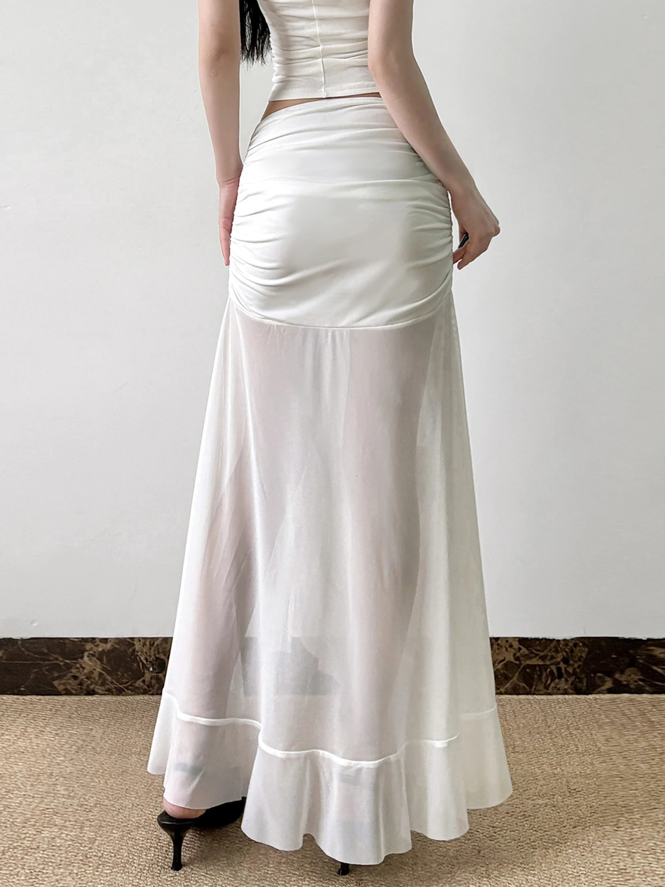 IAMSURE Holiday Ruffles Split Mesh Skirts See Through Beach Style Solid Low Waisted Maxi Skirts Women Summer Fashion Women 250402