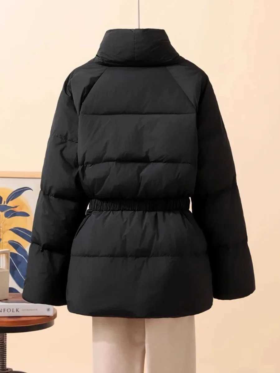 Women White Duck Down Jacket Casual Loose Belt V-neck Collar Fashion Autumn Winter Outwear Korean Style Coat 2026 NewT251105