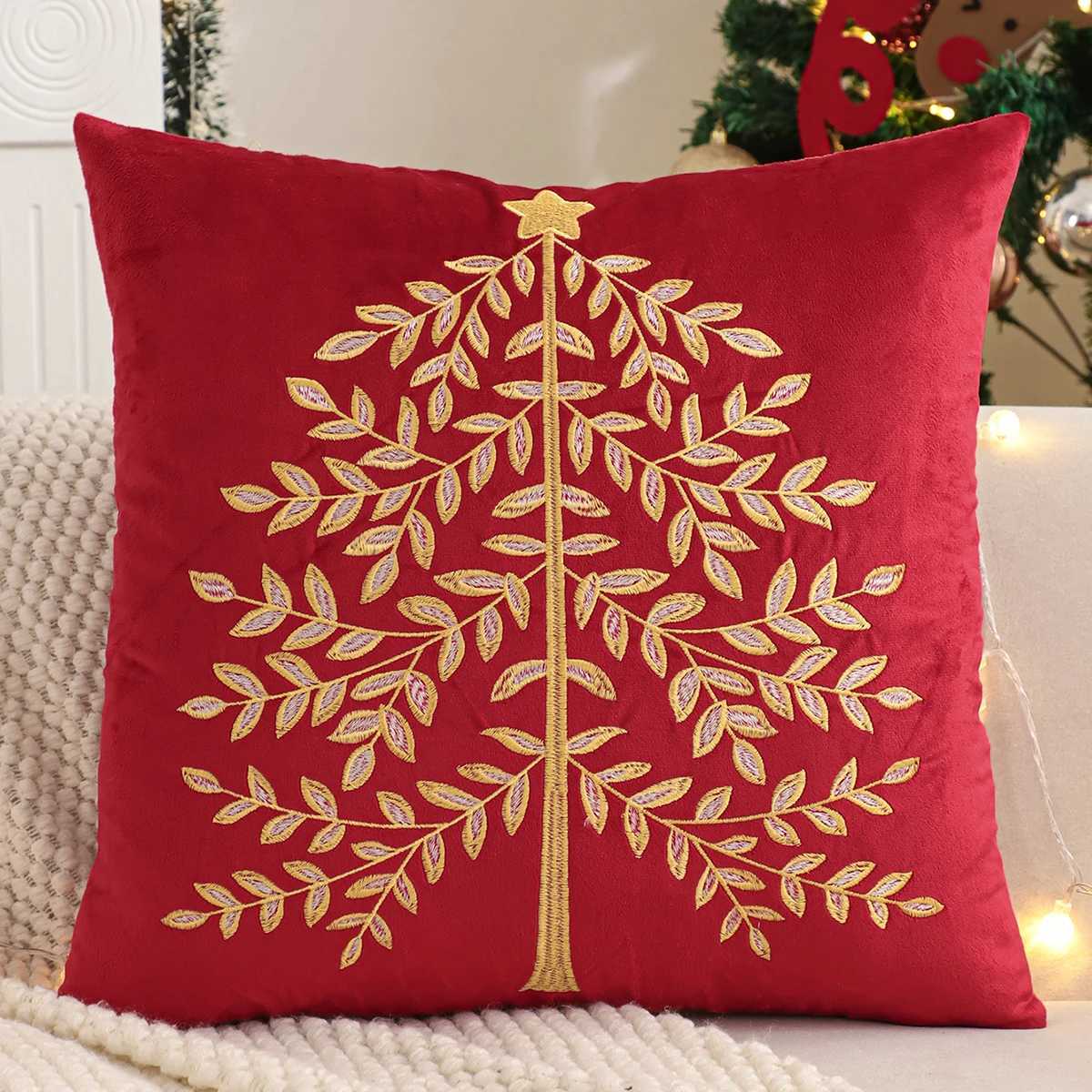 Embroidery Throw Pillow Cover Christmas Decoration Velvet Soft Christmas Tree Gold Winter Farmhouse Home Sofa Living Room Y251105