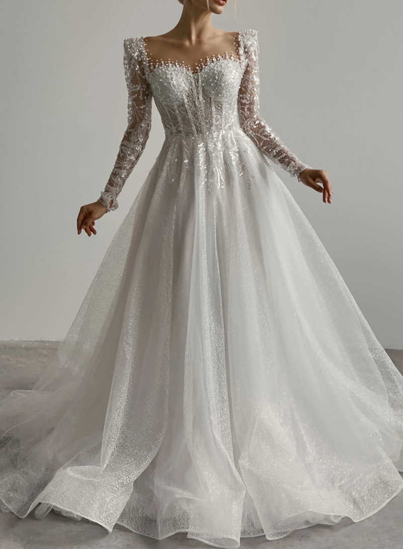Princess A Line Wedding Dresses Sequins Long Sleeve Sweep Train Bridal Gown Beadeds Vestidos De Novia Custom Made