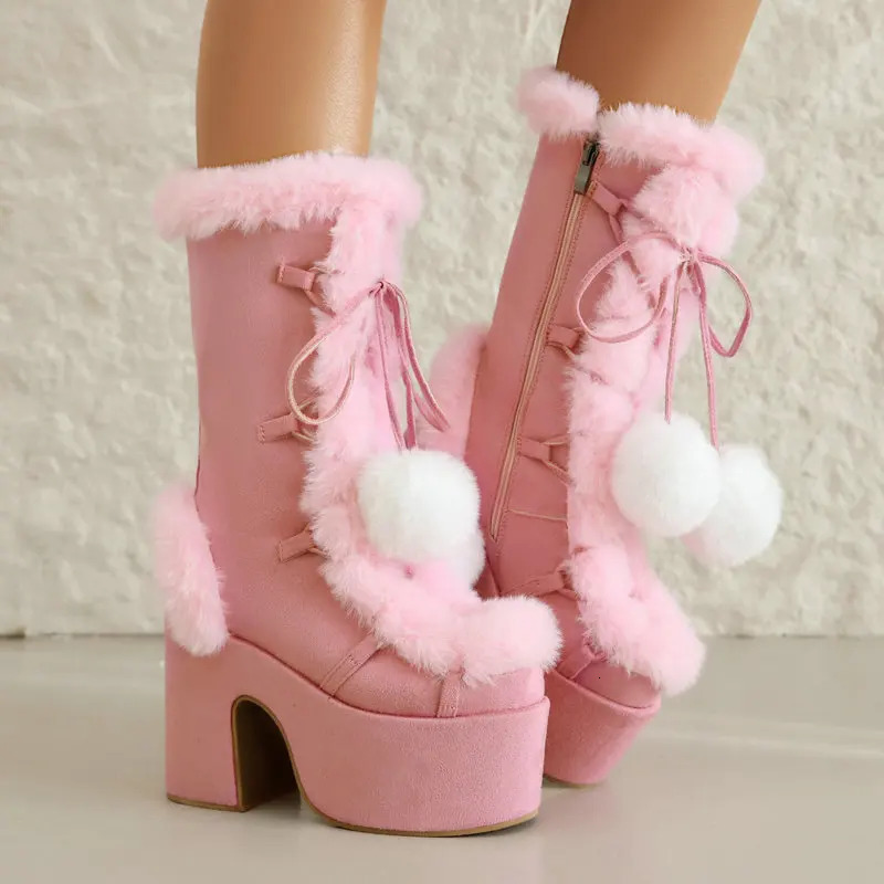Plus Size 45 Cold Winter Super Warm Plush Lined Women Fur Shoes With Pompom Chunky High Heels White Pink Platform Snow Boots 251104