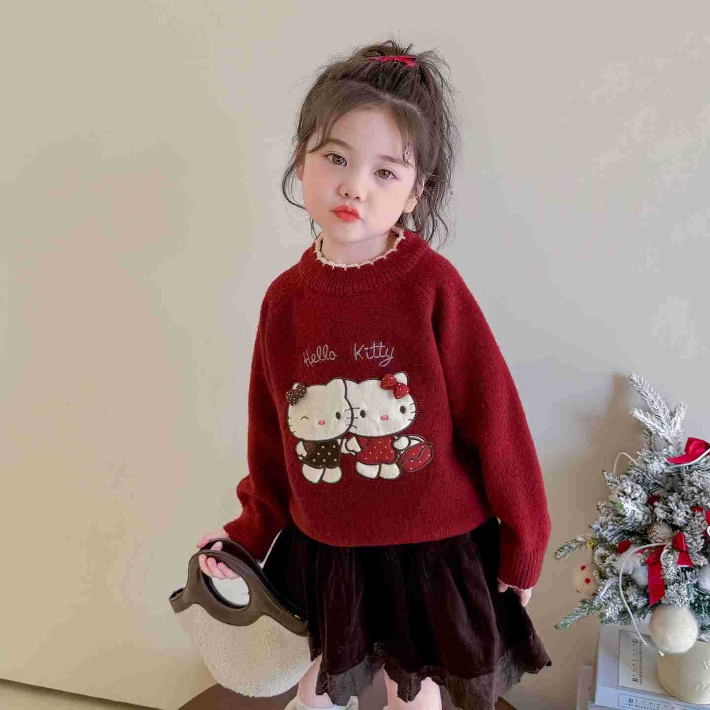 Sanrio KT Cat Girl Sweater Autumn Winter Fleece Round Neck 2025 New Childrens Baby Girl Winter Knitted Base Shirt H251105