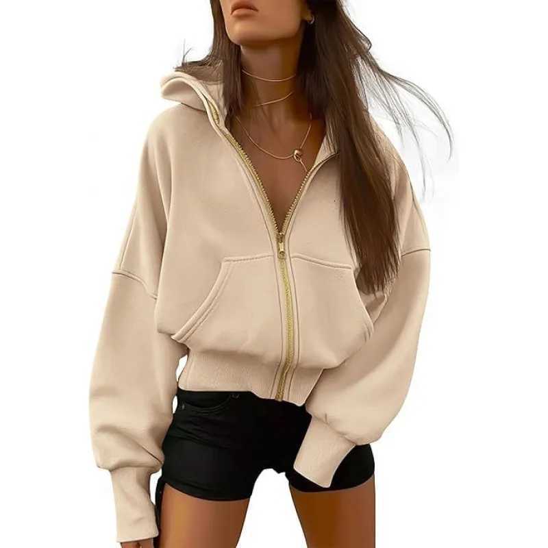 Solid Color Oversized Zipper Jacket for Women Spring Autumn Loose Versatile Hooded Sweatshirts Pocket Casual Hoodies OuterwearT251105