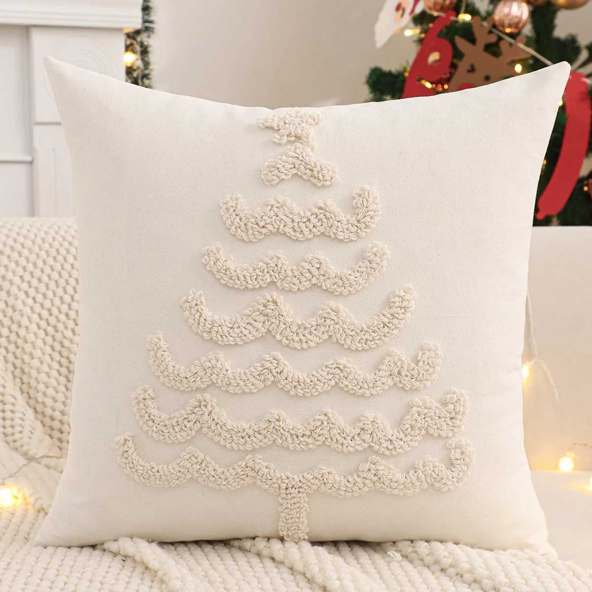 Tufted Throw Pillow Cover Christmas Decoration Canvas Christmas Tree Bow Gift Winter Farmhouse Home Sofa Living Room Y251105