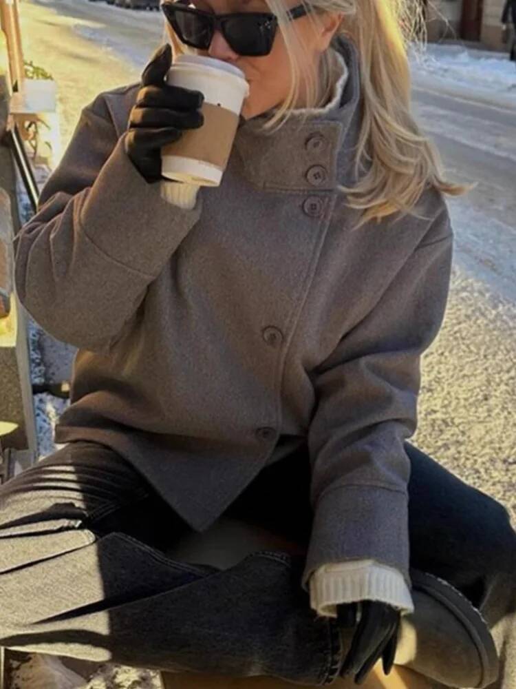 winter jacket women Solid Loose Wool Blends Coat Women's Casual Buttons Stand Collar Long Sleeve Oversized Jackets Lady Daily Street Outerwears