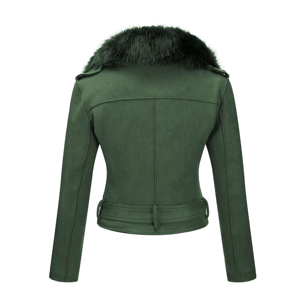 Women's Autumn/Winter Short Jacket, Faux Fur Hood, Suede Material, 95% Polyester 5% Elastane, Solid Color, Long Sleeve, Windbreaker Style, Woven 