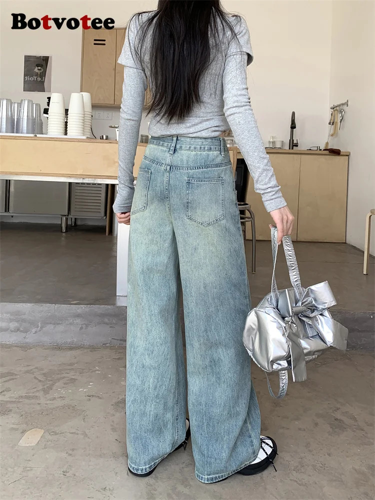 Botvotee grab grain burlap bag jeans for womens springsummer Korean fashion wide leg high waist blue denim 250403