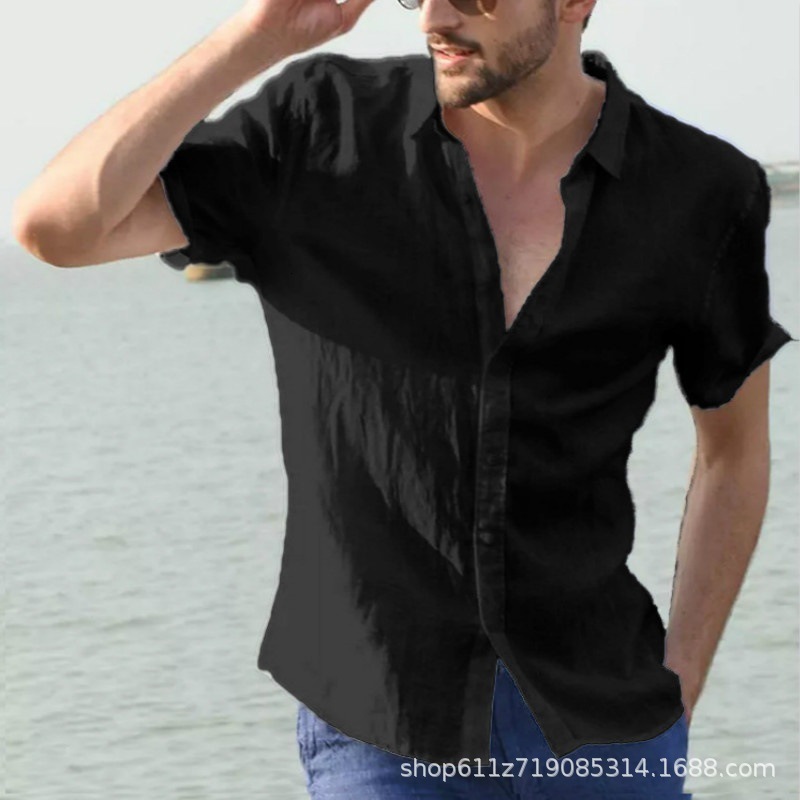 2025 Mens Summer New Style Solid Color Short Sleeve Collar Trendy Cardigan Casual Thin Shirt for Men