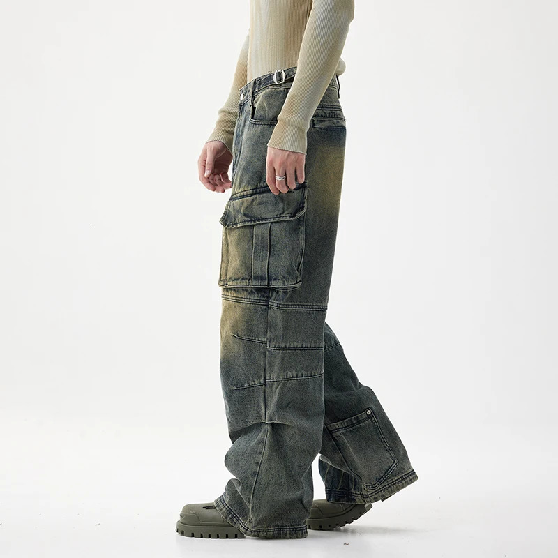 lightweight American street heavyweight jeans mens fashion retro multi pocket work pants mens loose wide leg pants 250402