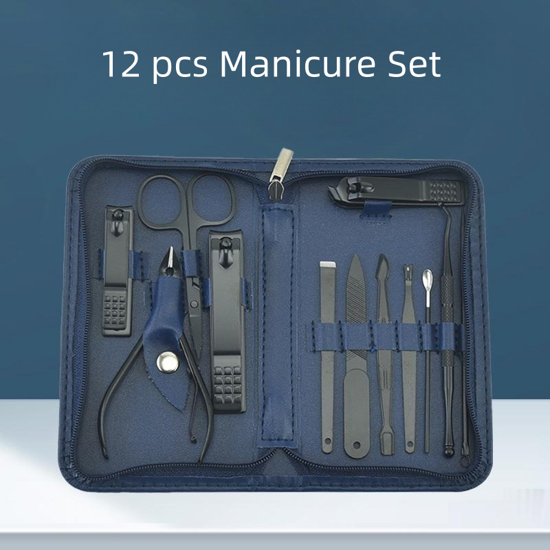 12Pcs Black Nail Clipper Set with Toenail Clipper, Multi-Size Slanted/Flat Blade Nail Cutters, Professional Manicure Pedicure Kit for Home & Travel