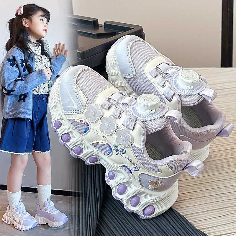 Girls Sneakers 3-18 Years Old Four Seasons Flowers Girls Single Shoes Light Purple Lightweight Non-slip Childrens Running ShoesT251105