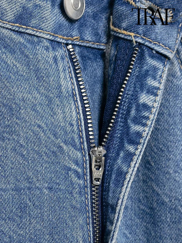 TRAF womens fashionable ultrathin slim fit high waisted Rhinestone embossed jeans American street chic blue washed casual wide leg 250403