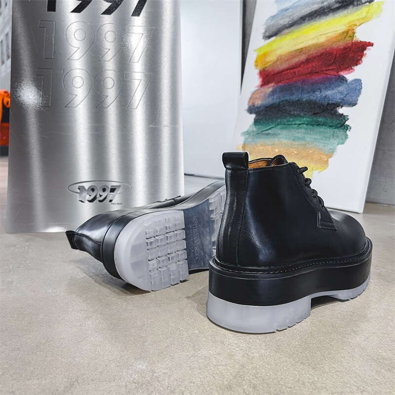 Transparent thick sole height increasing big head casual leather shoes for men with a sense of luxury 2022 British style versatile lace up black short