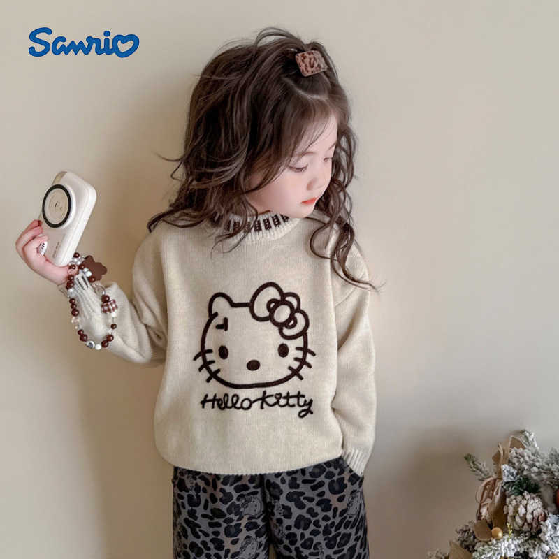 Sanrio Girls Sweater Autumn 2025 New Fashionable Childrens KT Cat Knit Sweater Round Neck Autumn Winter Pullover Knitted Top H251105