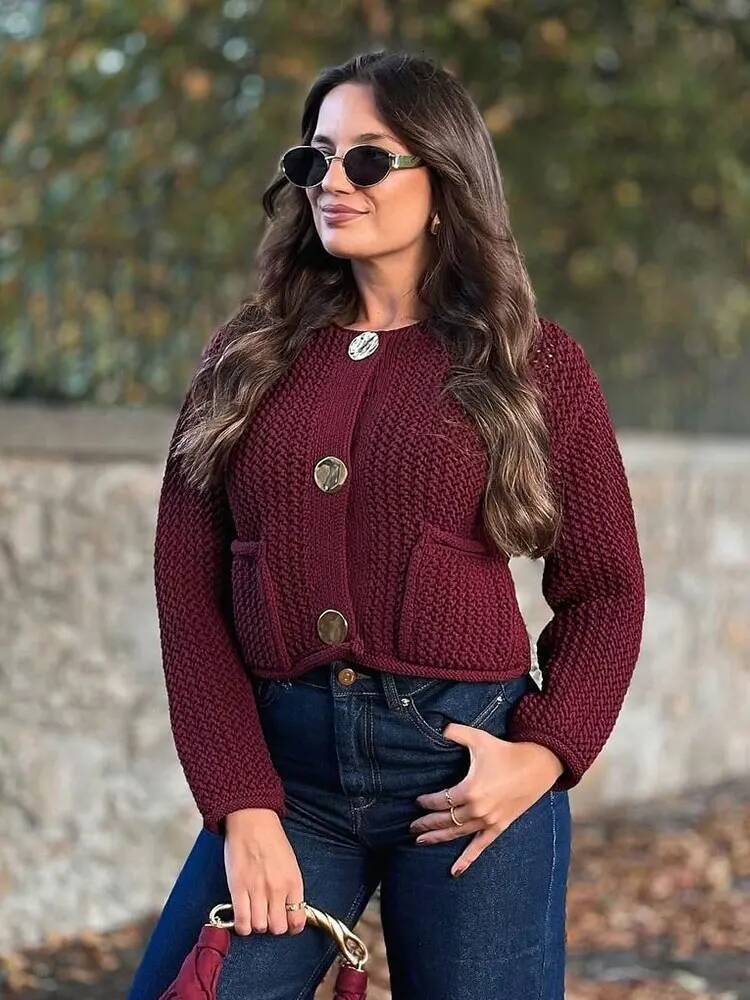 winter jacket women HH Women Vintage Solid Sweater O Neck Long Sleeve Metal Button Knitted Cardigan Autumn Female Fashion High Street Top Coat