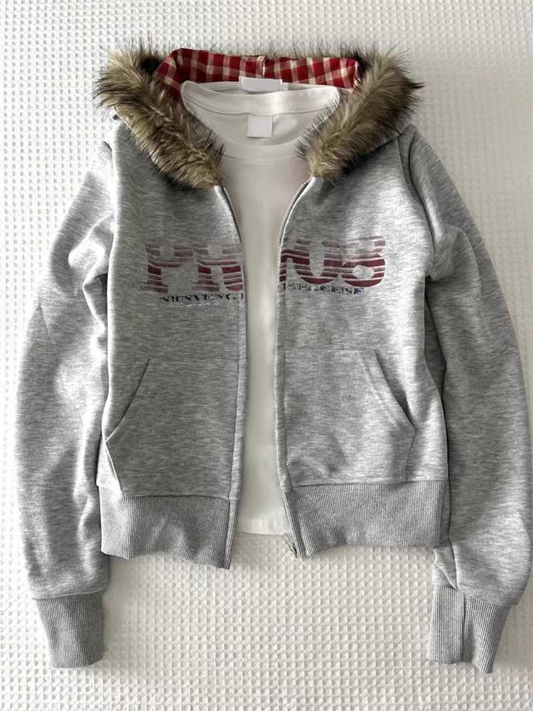 Women American Vintage Letter Print Jacket Antumn Winter Y2K Harajuku Faux Fur Hooede Hoodie Sweet Fashion Hot Girl SweatshirtT251105