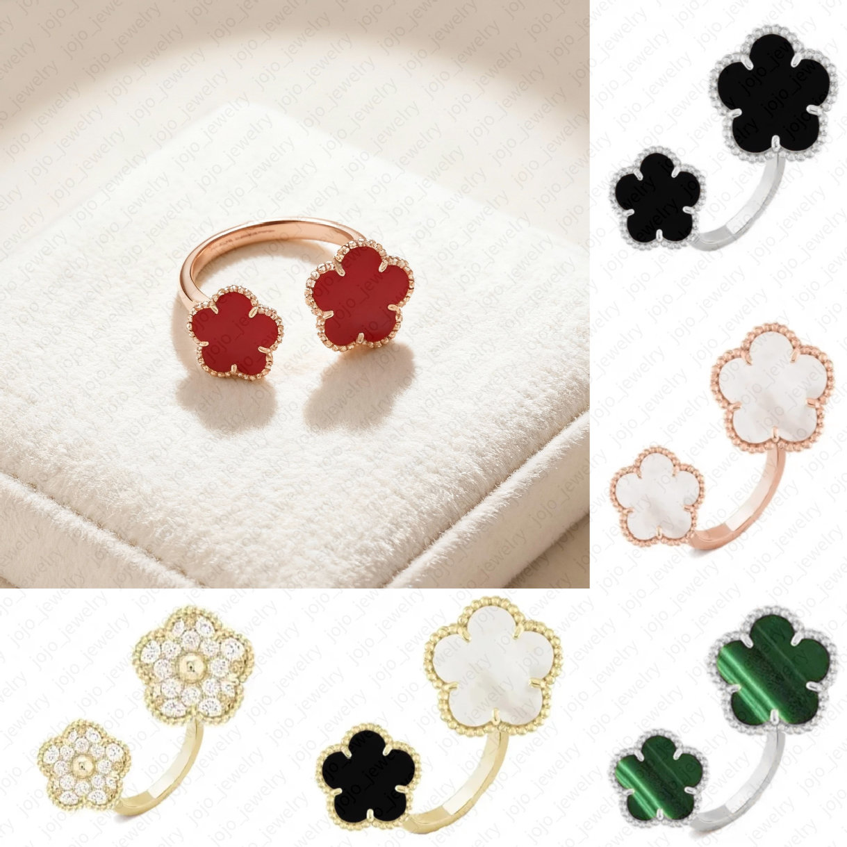 luxury ring gold jewelry double clover ring designer jewelry Vintage style fashion 15mm two flower engagement ring band ring for woman diamond real white ring gift