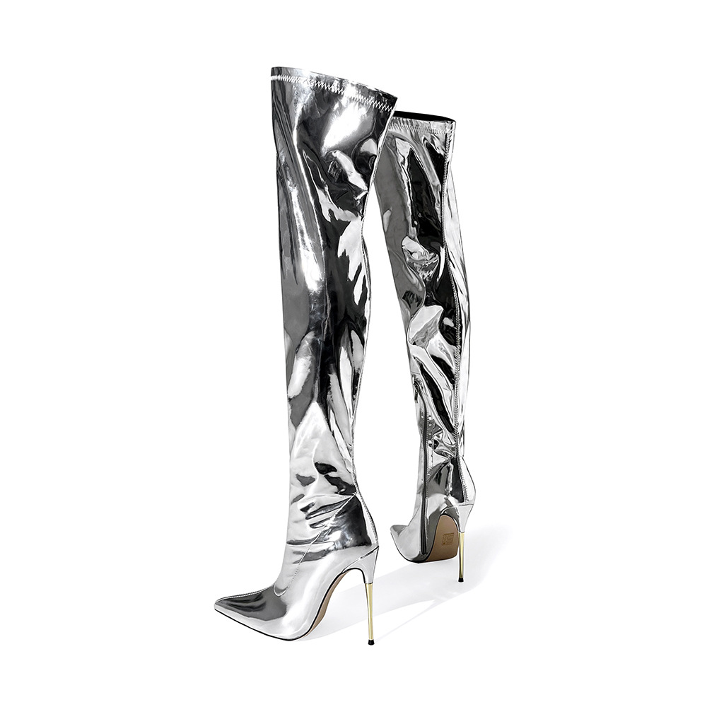 Chengdu Artisan Metallic Laser Over Knee Boots Metal Stiletto Heel Stretch Fit Pole Dance Fashion Boots Silver