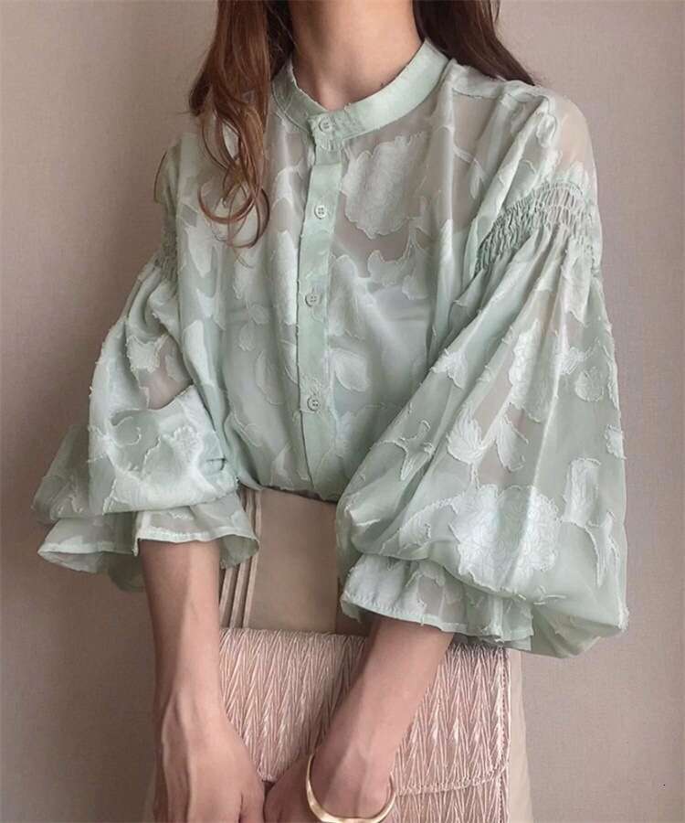 Japan Rakuten Summer New Floral Jacquard Lantern Sleeve Transparent Shirt B5