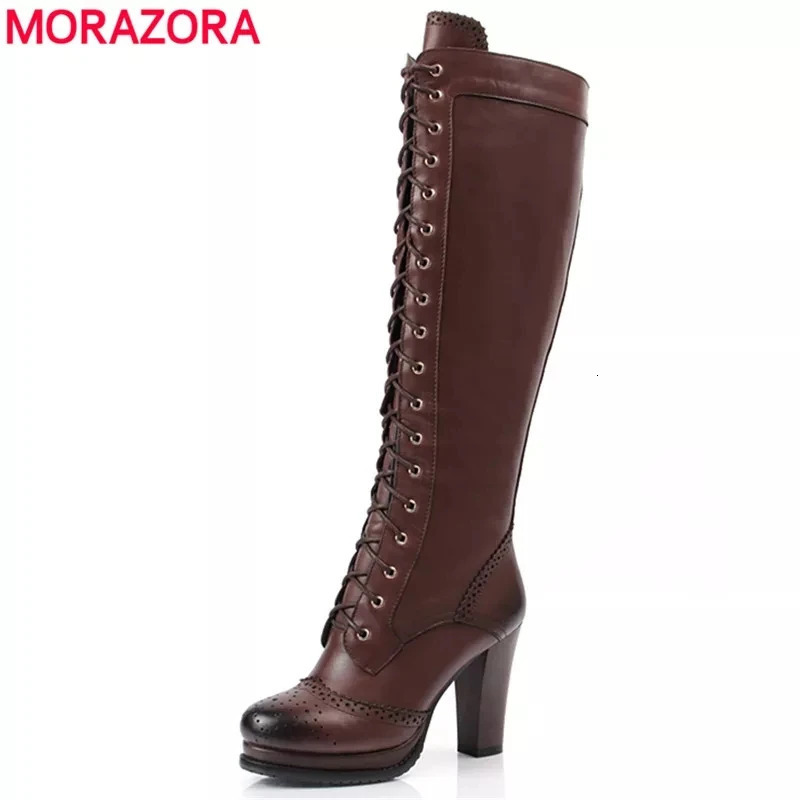 MORAZORA Retro Genuine leather Boots Women Black Brown High Heels Winter Knee High Boots Lace Up Womens Motorcycle Boots 251031