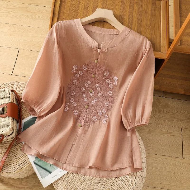Embroidery Chinese Style Women Blouses Summer Cotto Linen Tops Loose Short Sleeve Clothing Sales V-neck Korean Womens Shirts 250402
