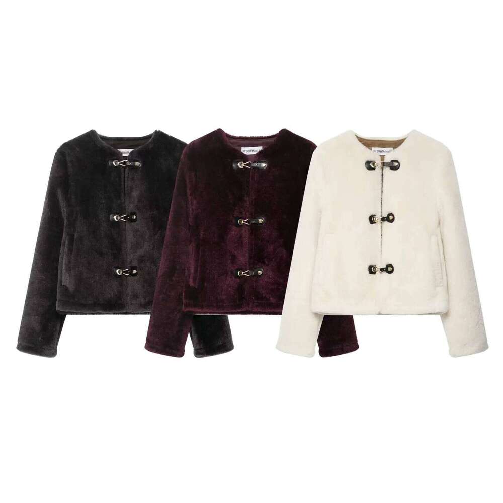 HH Woman Autumn Casual Fur Coats Long Sleeve O-Neck Single Breasted With Pockets Loose Jacket Female Winter Warm Short Coat