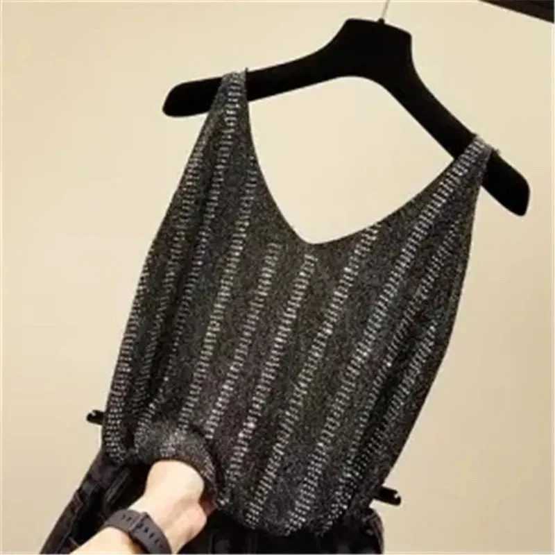 Rheinstone vest elegant sleeveless shiny loose knit vest summer womens top aesthetic clothing 250403