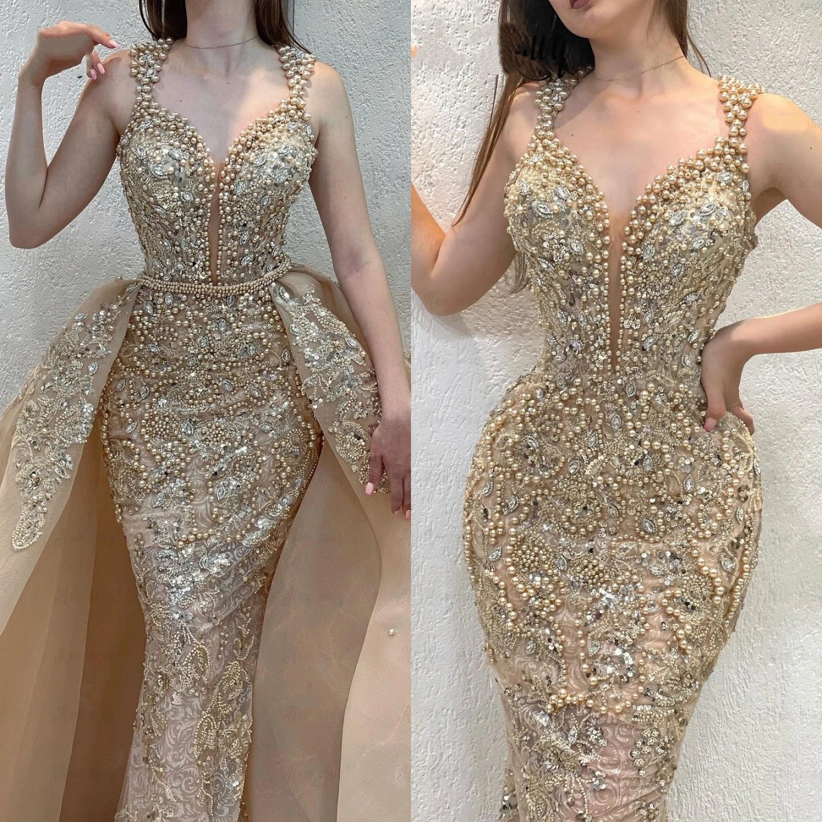 Designer Evening Dresses For Women Sweetheart Neck Sleeveless Gown Beaded Crystal Sequins Detachable Train Dress Party Custom Made