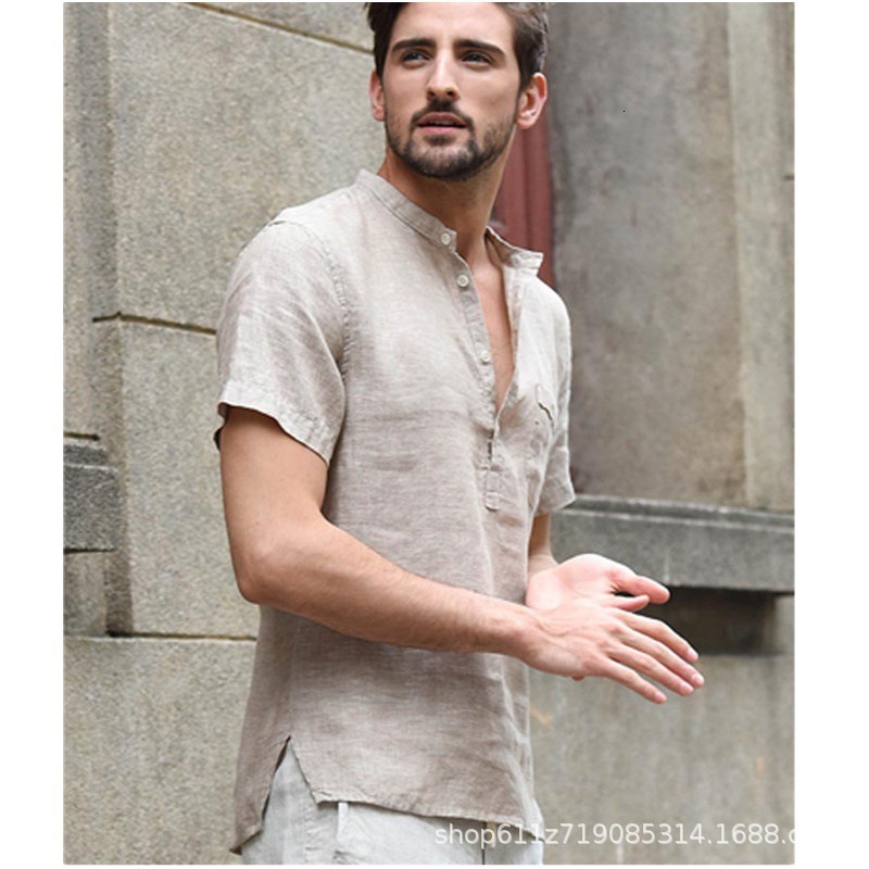 Mens solid color stand up collar half open collar thin short sleeved shirt top mens clothing