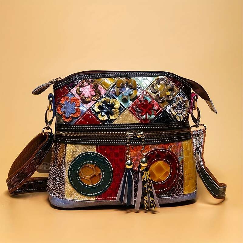 Vintage Genuine Leather Crossbody Snakeskin Colorblock Shoulder Bag, Women's Bohemian Handbag & Purse