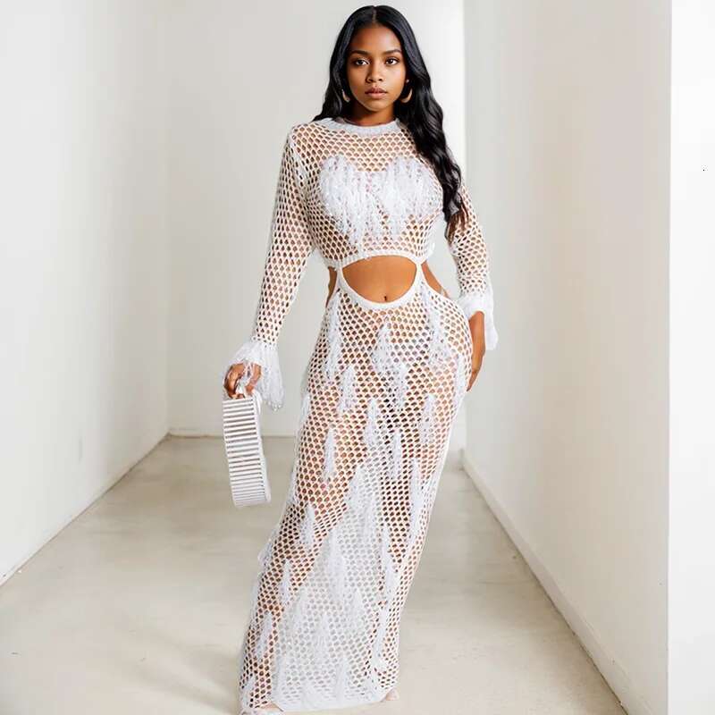 Women's Fashion Long Sleeves Knitted Female Hollow Out Tassel Casual Dresses Spring New Arrival 33A3872