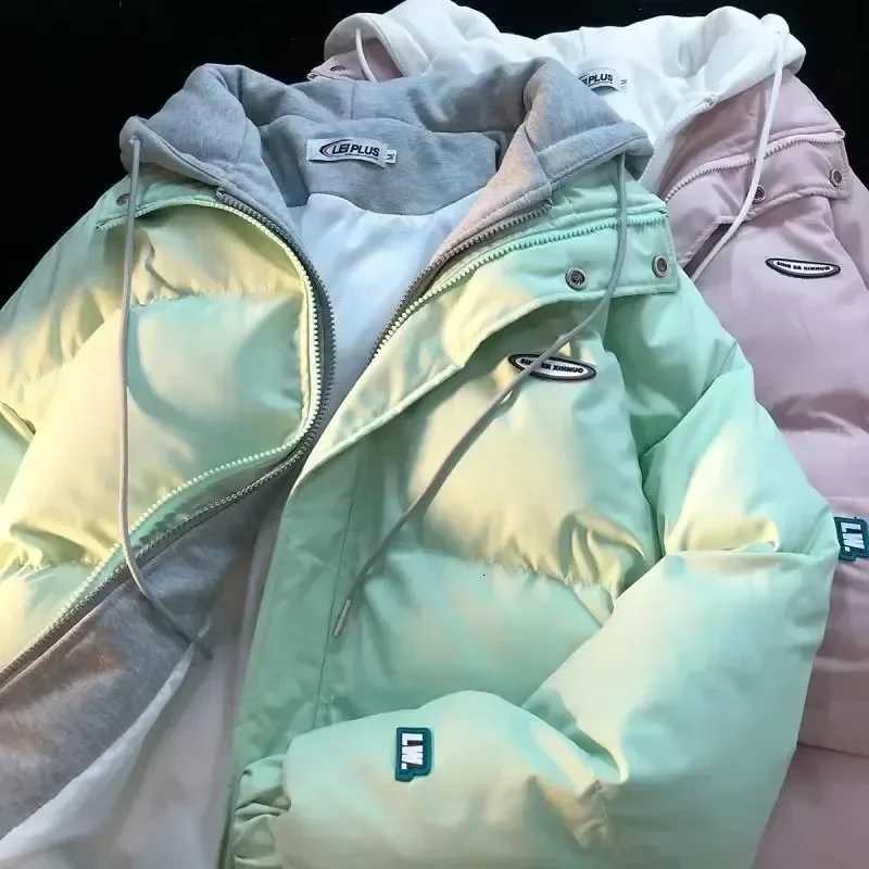 Autumn And Winter Women s Cotton Padded Jacket Windproof Warm Pink Color Matching Casual Loose Collar Zipper Hat Coat MatchingT251105