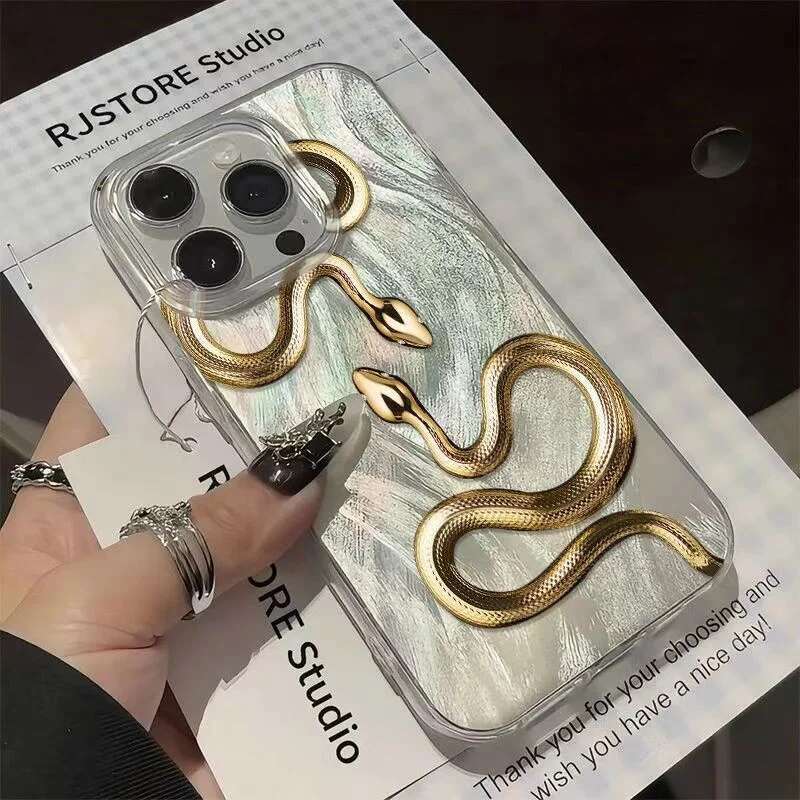 Gold Snake Print Case For iPhone 16 15 14 13 12 11 Pro Max XS X XR 8 7 Plus SE 2022 Feather Chiffon Texture Sier Plated Cover